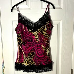 Cache VTG Y2K silk lace camisole tank paisley purple leopard animal print blackM